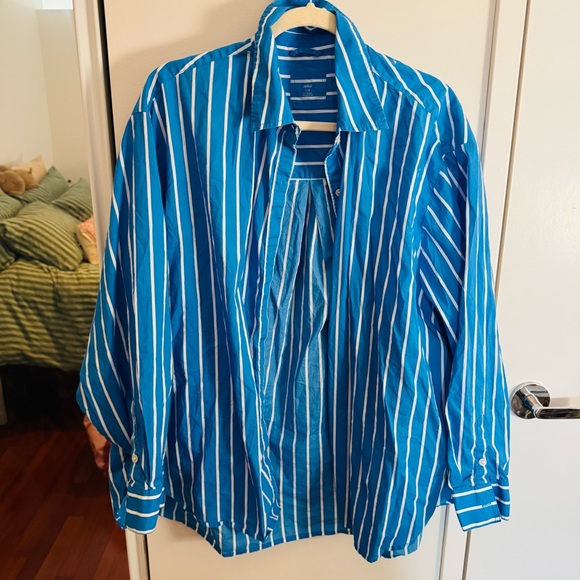 Aerie Good Day Cover Up Button Down Poplin Shirt - Blue & White Striped - Picture 2 of 7